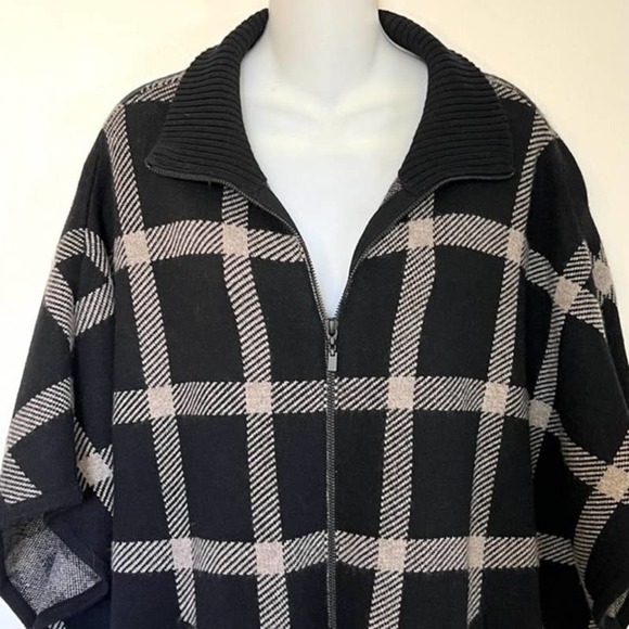 KINROSS LUXE 100% CASHMERE BLACK & SUEDE PLAID ZIP MOCK PONCHO OS ONE SIZE - Picture 7 of 14